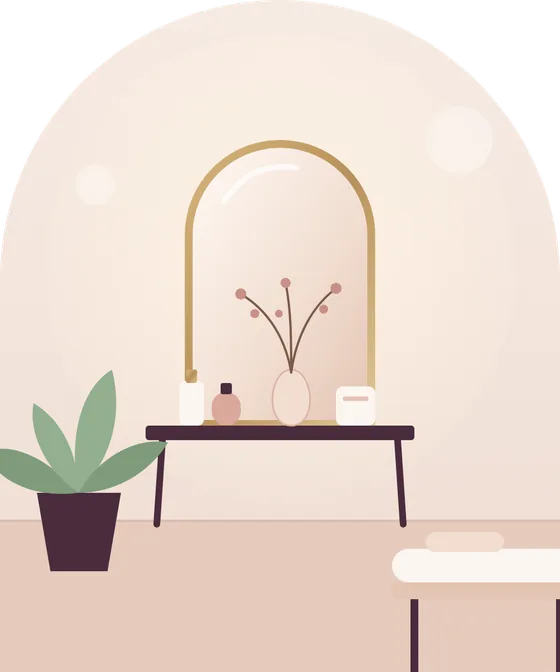 Ilustração de uma sala de estética com espelho em arco, flores e maca